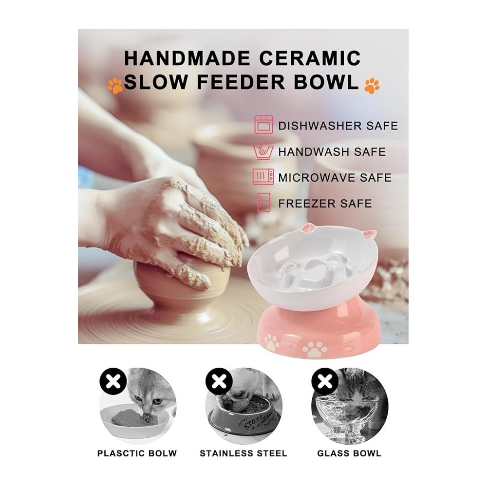 Mangiatoia lenta per cani e gatti Ciotola per gatti rialzata inclinata, rosa e bianco - Foto 6