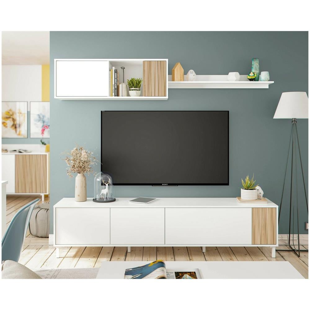 Mobile Porta Tv Woonsocket, Armadietto Soggiorno Con Ante, Armadio Pensile Con Mensola, Credenza Multiuso, 200x40h47 Cm, Bianco E Rovere - Foto 1