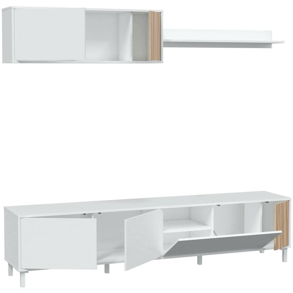 Mobile Porta Tv Woonsocket, Armadietto Soggiorno Con Ante, Armadio Pensile Con Mensola, Credenza Multiuso, 200x40h47 Cm, Bianco E Rovere - Foto 2