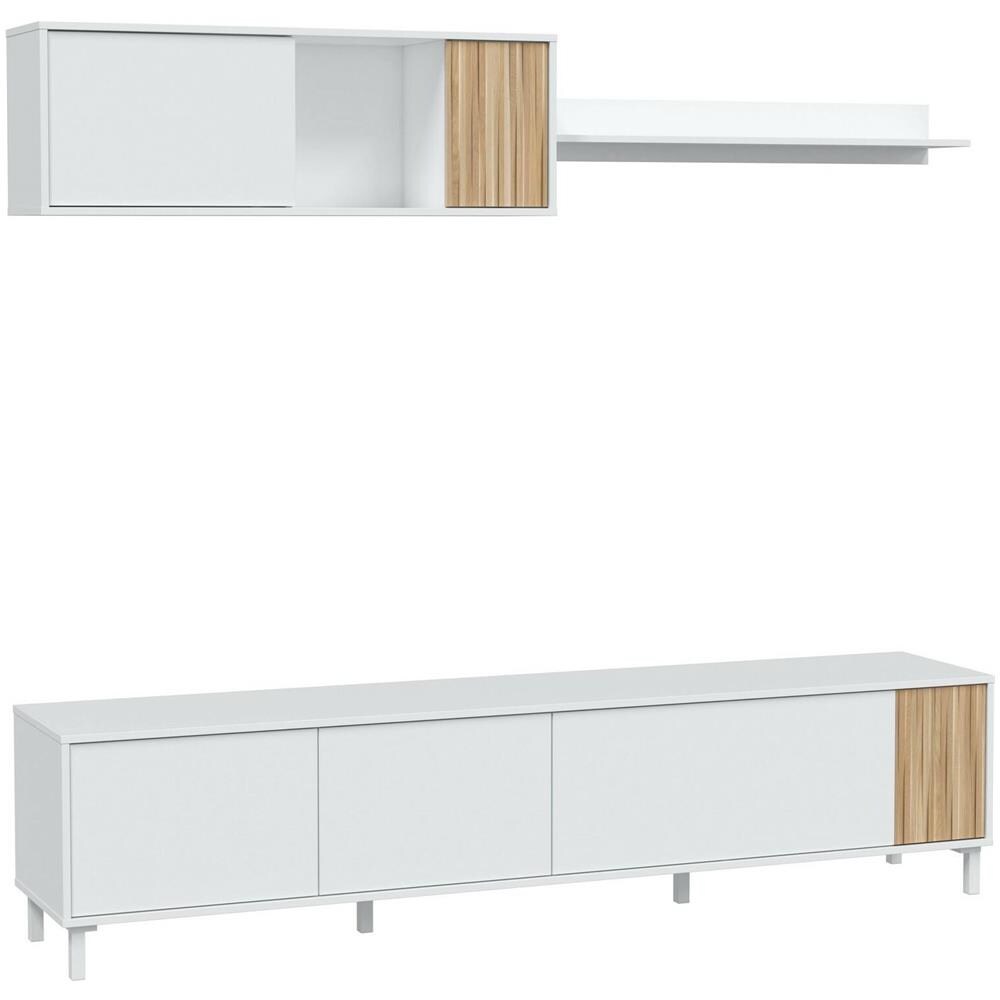 Mobile Porta Tv Woonsocket, Armadietto Soggiorno Con Ante, Armadio Pensile Con Mensola, Credenza Multiuso, 200x40h47 Cm, Bianco E Rovere - Foto 4