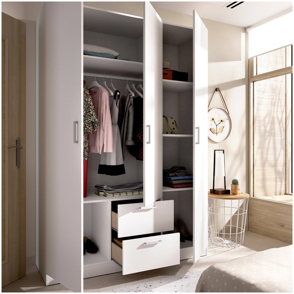 Guardaroba Argentella, Mobile Appendiabiti Per Camera Da Letto, Armadio A 3 Ante Battenti E 2 Cassetti, 150x52h215 Cm, Bianco - Foto 4
