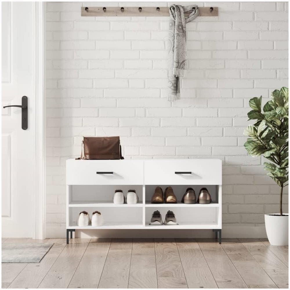 Panca Porta Scarpe Bianco Lucido 102x35x55 Cm Legno Multistrato - Foto 1
