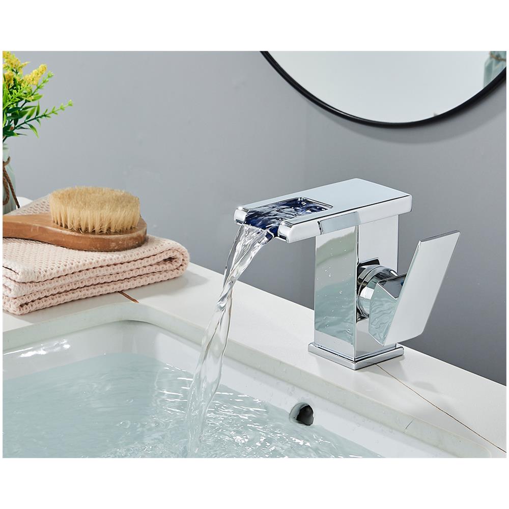 Rubinetto per lavabo da bagno, Blackswan, tipo M188, modello corto cromato con bocca a cascata e LED, misura 12,5 cm - Foto 4