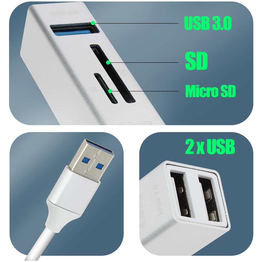 Hub Usb 5 In 1 Con 3 Porte Usb E Lettore Di Schede Micro-sd Argento - Foto 7