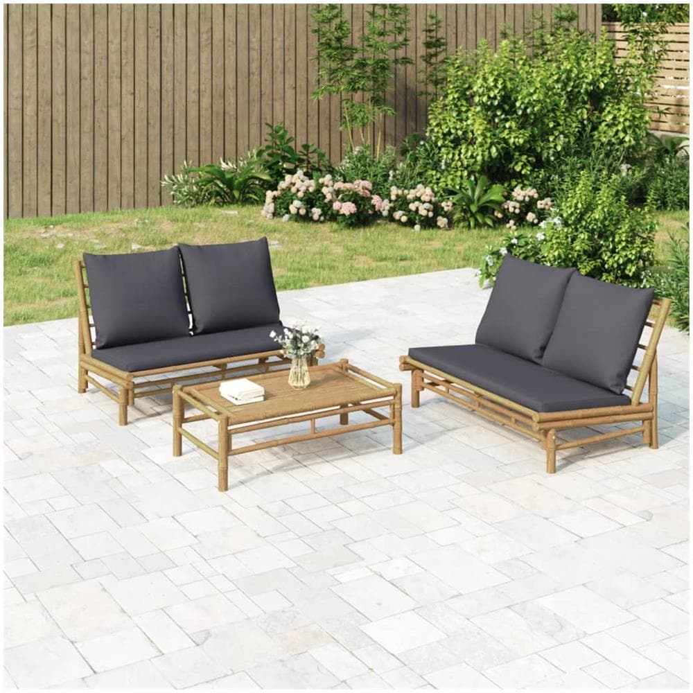 Set Salotto Da Giardino 2pz Con Cuscini Grigio Scuro Bambù - Foto 1