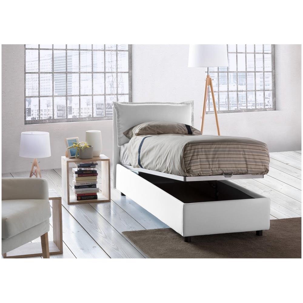Letto Singolo Penelope, Letto Contenitore Con Rivestimento In Tessuto, 100% Made In Italy, Apertura Frontale, Con Materasso Cm 90x190 Incluso, Bianco - Foto 2