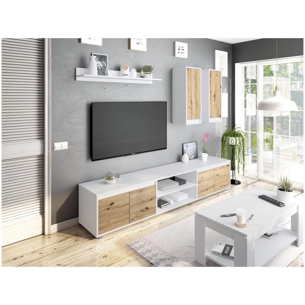 Parete Attrezzata Wells, Set Da Soggiorno, Mobile Salotto Multiuso, Composizione Per Salotto Moderno, 200x40h114 Cm, Bianco E Rovere - Foto 1