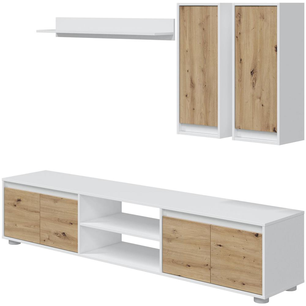 Parete Attrezzata Wells, Set Da Soggiorno, Mobile Salotto Multiuso, Composizione Per Salotto Moderno, 200x40h114 Cm, Bianco E Rovere - Foto 2