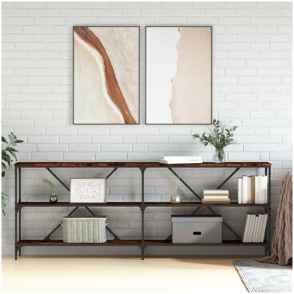 Tavolo Consolle Rovere Fumo 200x30x75cm Legno Multistrato Ferro - Foto 1