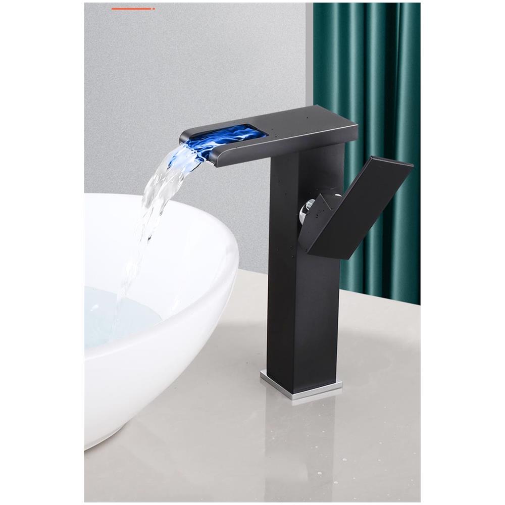 Rubinetto per lavabo da bagno, Blackswan, tipo M187, modello alto nero con bocca a cascata e LED, misura 24 cm - Foto 2