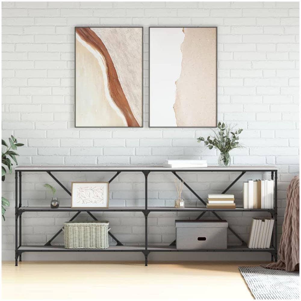 Tavolino Grigio Sonoma 200x30x75cm In Legno Multistrato E Ferro - Foto 1