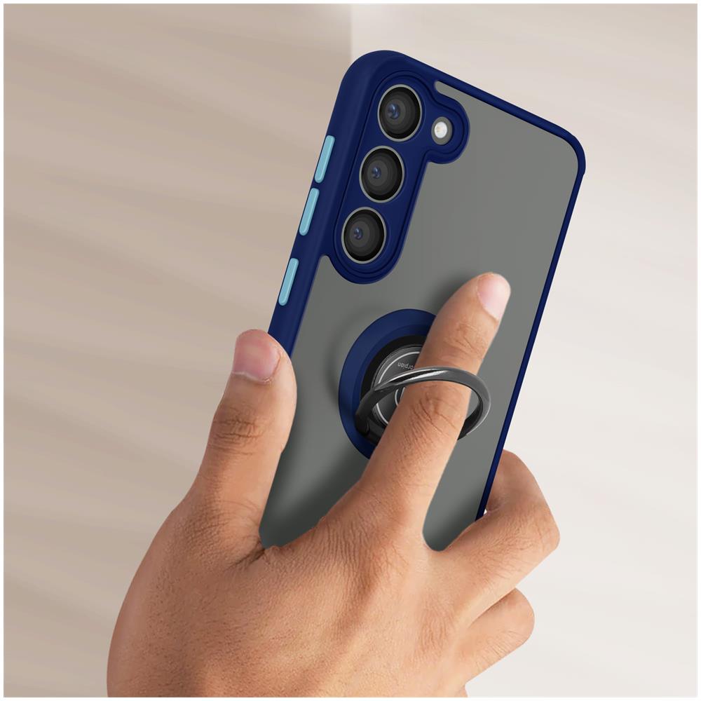 Cover Per Samsung Galaxy S23 Bimateria Anello Metallico Supporto Bordo Blu - Foto 2