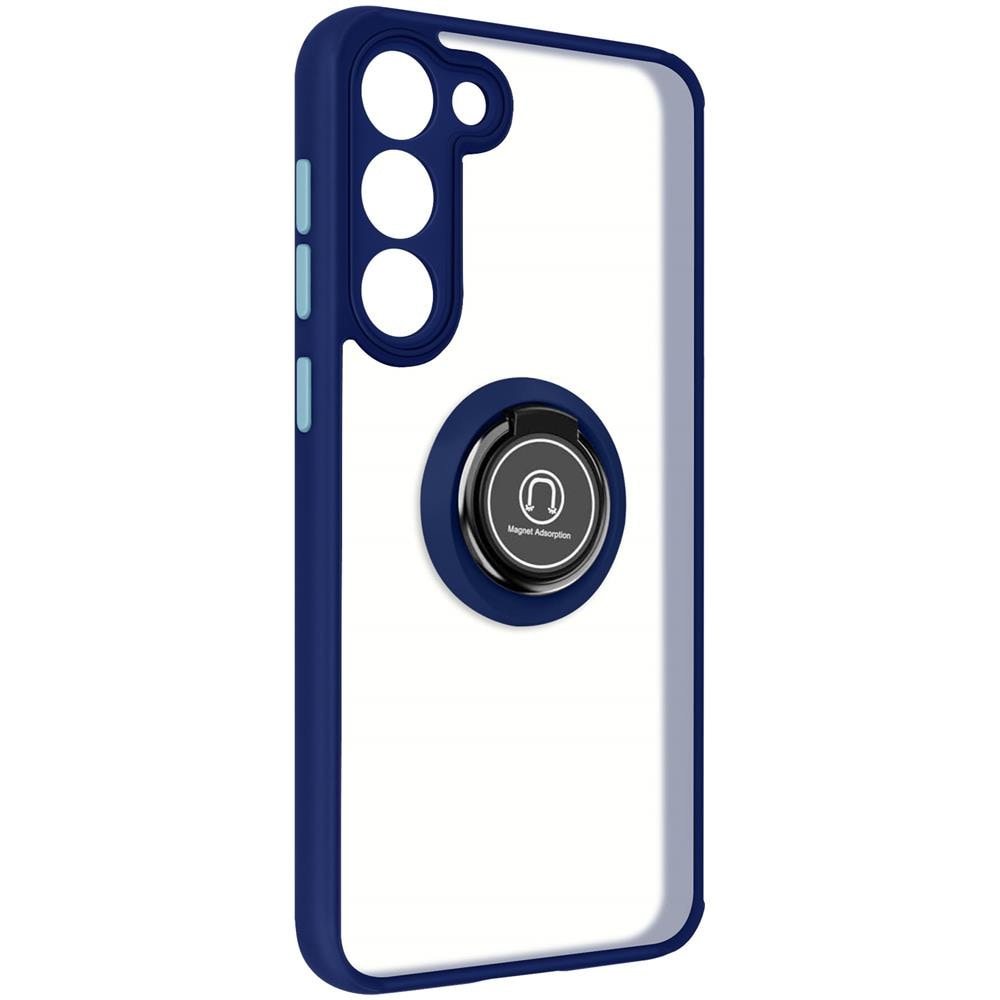 Cover Per Samsung Galaxy S23 Bimateria Anello Metallico Supporto Bordo Blu - Foto 5