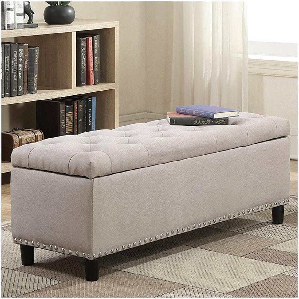 Cassapanca Pouf Contenitore Panca Sgabello Poggiapiedi Legno E Tessuto Beige - Foto 2