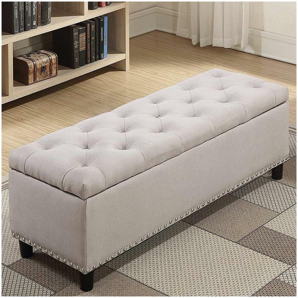 Cassapanca Pouf Contenitore Panca Sgabello Poggiapiedi Legno E Tessuto Beige - Foto 5