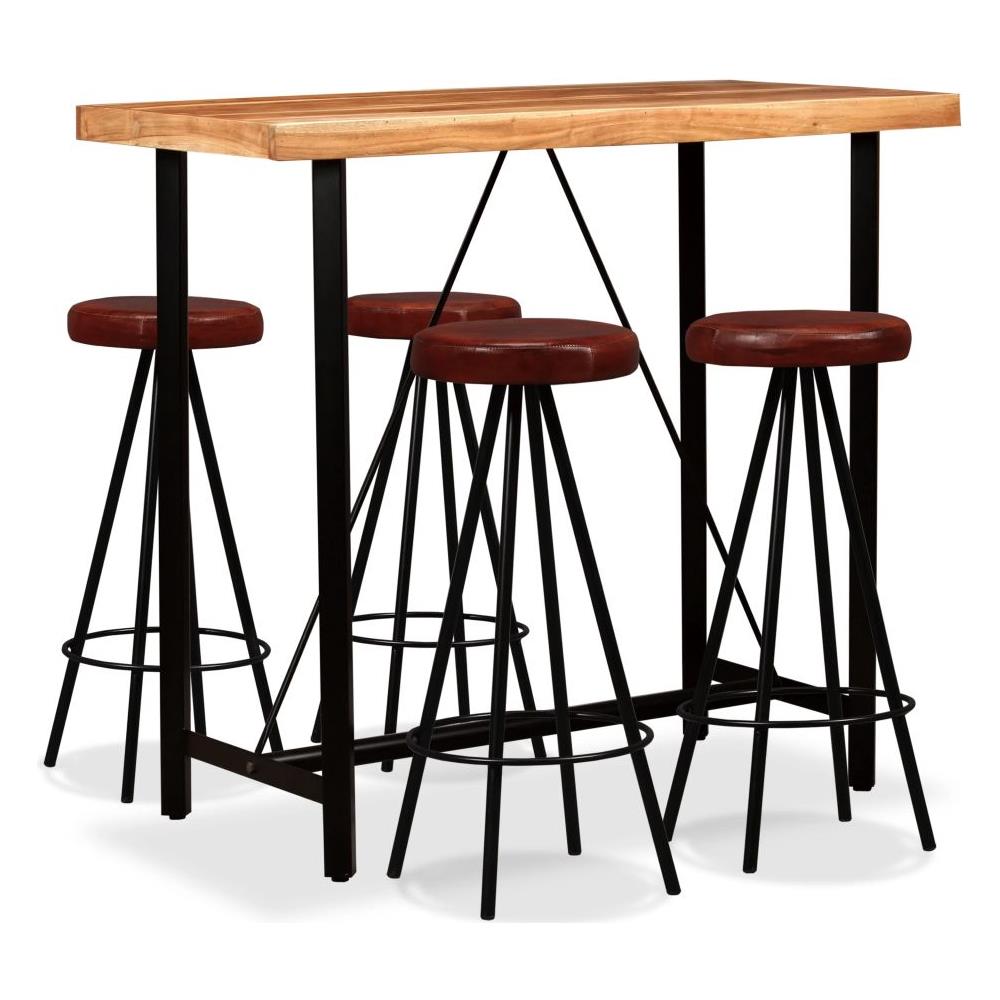 Set da Bar 5 pz in Legno Massello di Acacia e Vera Pelle - Foto 1