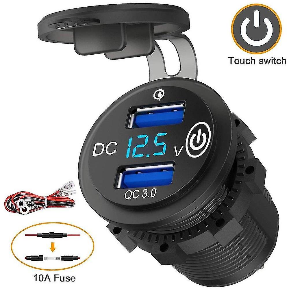 Presa USB 12V 2 Pezzi, Doppia Quick Charge 3.0 12V Presa USB Caricabatterie con Voltmetro a LED e Interruttore di Alimentazione, Adattatore Impermeabile in Alluminio per Atuo Camper Moto Camion Golf