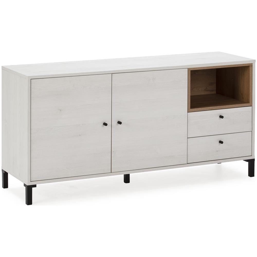 Credenza Bassa Javea 2 Cassetti, 2 Porte E 1 Ripiano, Color Bianco E Legno, 136,5 Cm (larghezza) 40 Cm (profonditá) 67,5 Cm (altezza) - Foto 1