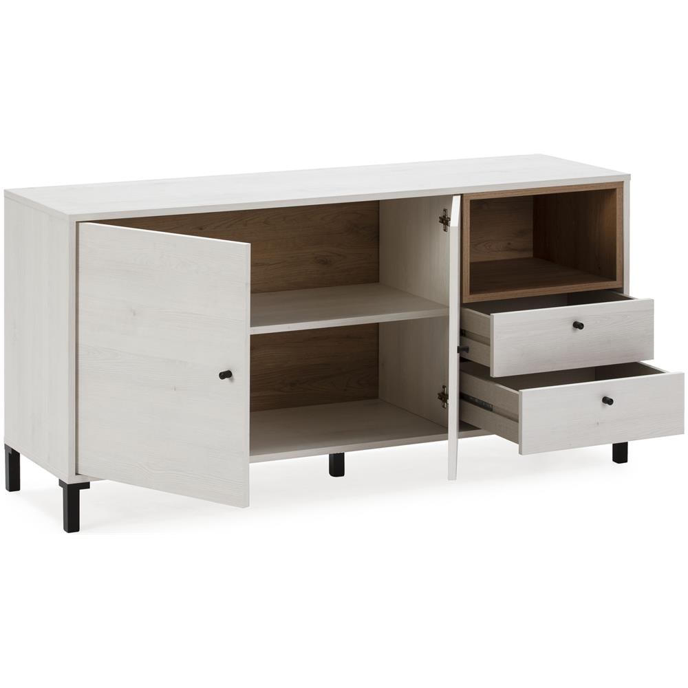 Credenza Bassa Javea 2 Cassetti, 2 Porte E 1 Ripiano, Color Bianco E Legno, 136,5 Cm (larghezza) 40 Cm (profonditá) 67,5 Cm (altezza) - Foto 2