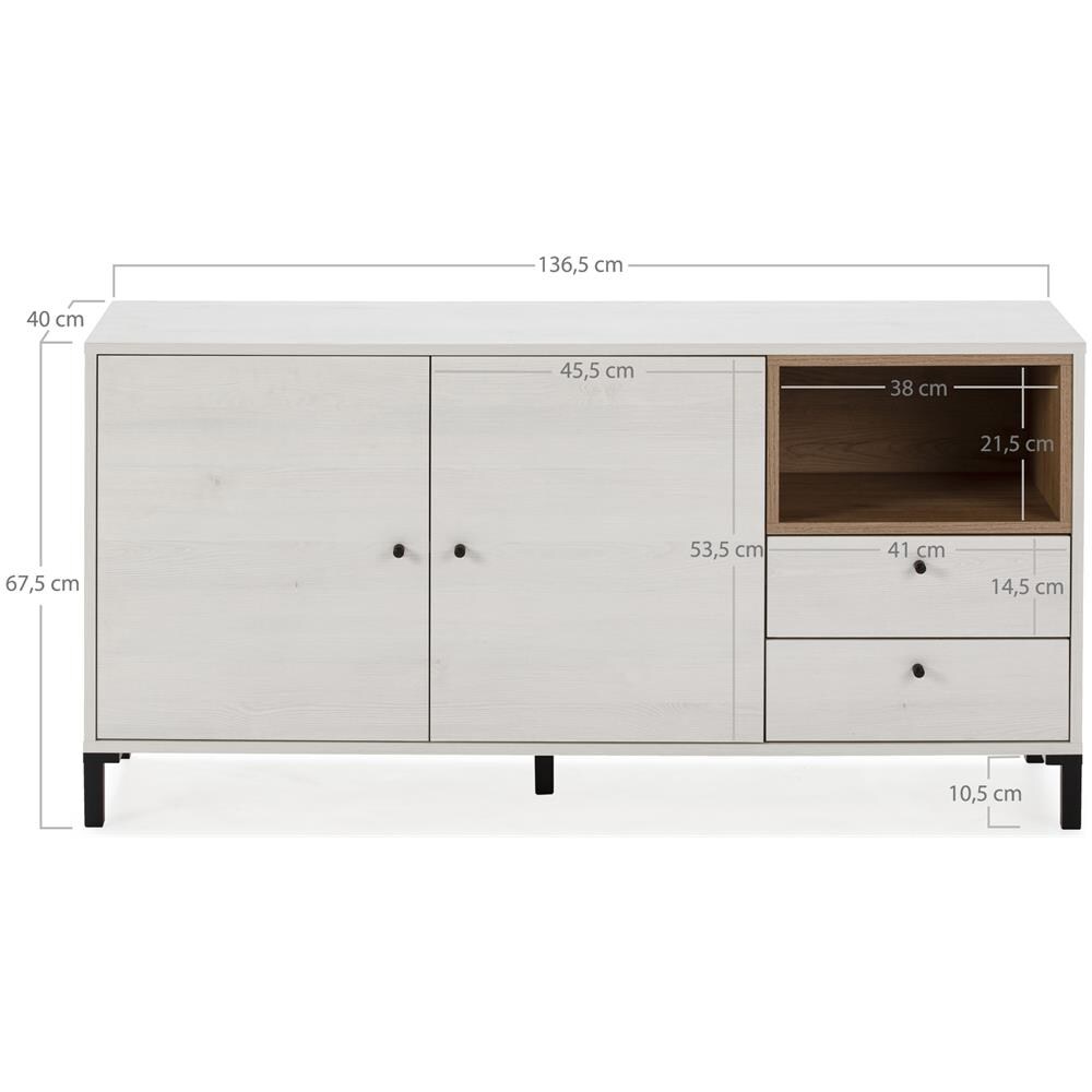 Credenza Bassa Javea 2 Cassetti, 2 Porte E 1 Ripiano, Color Bianco E Legno, 136,5 Cm (larghezza) 40 Cm (profonditá) 67,5 Cm (altezza) - Foto 3
