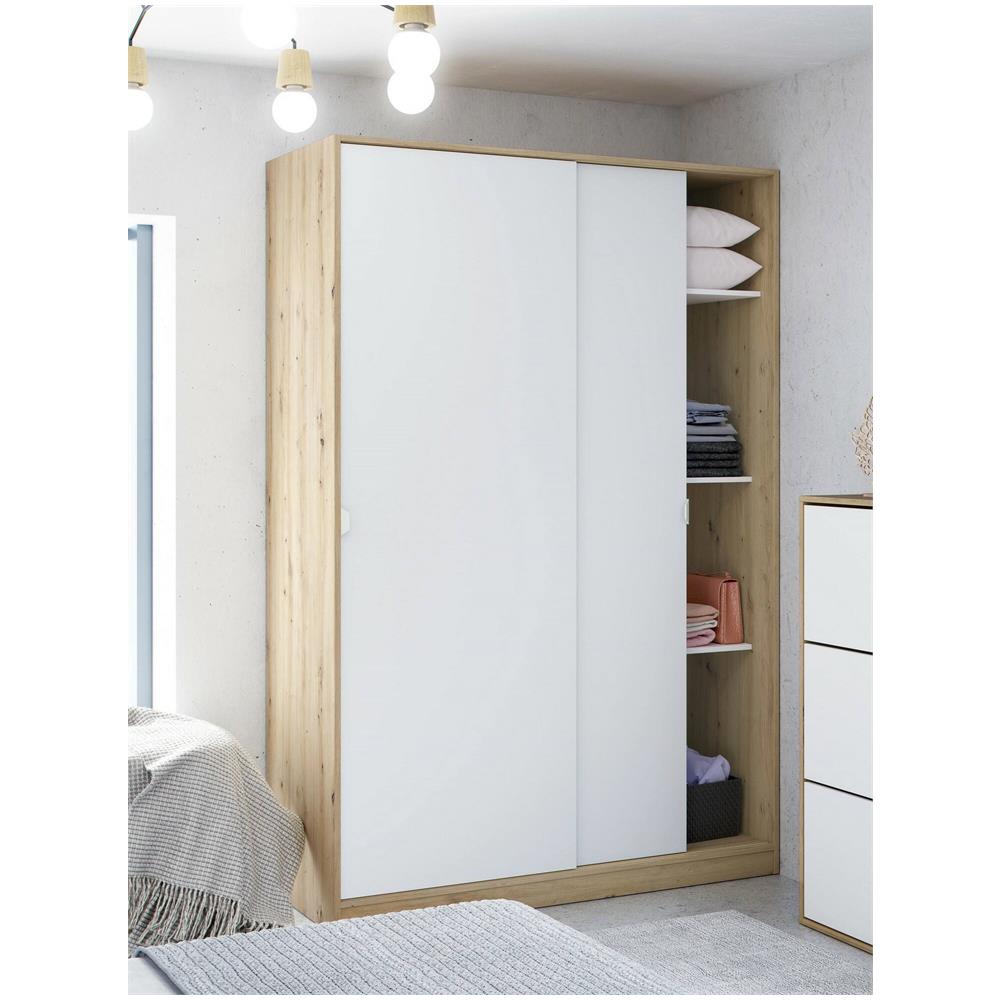 Guardaroba Waterbury, Armadio Per Camera Da Letto A 2 Ante Scorrevoli, Mobile Con 3 Ripiani E Barra Appendiabiti, 120x50h200 Cm, Bianco E Rovere Nodi - Foto 1