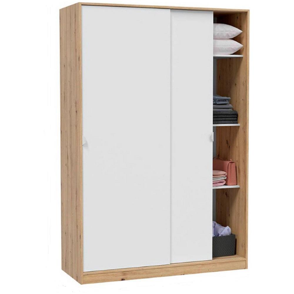 Guardaroba Waterbury, Armadio Per Camera Da Letto A 2 Ante Scorrevoli, Mobile Con 3 Ripiani E Barra Appendiabiti, 120x50h200 Cm, Bianco E Rovere Nodi - Foto 4