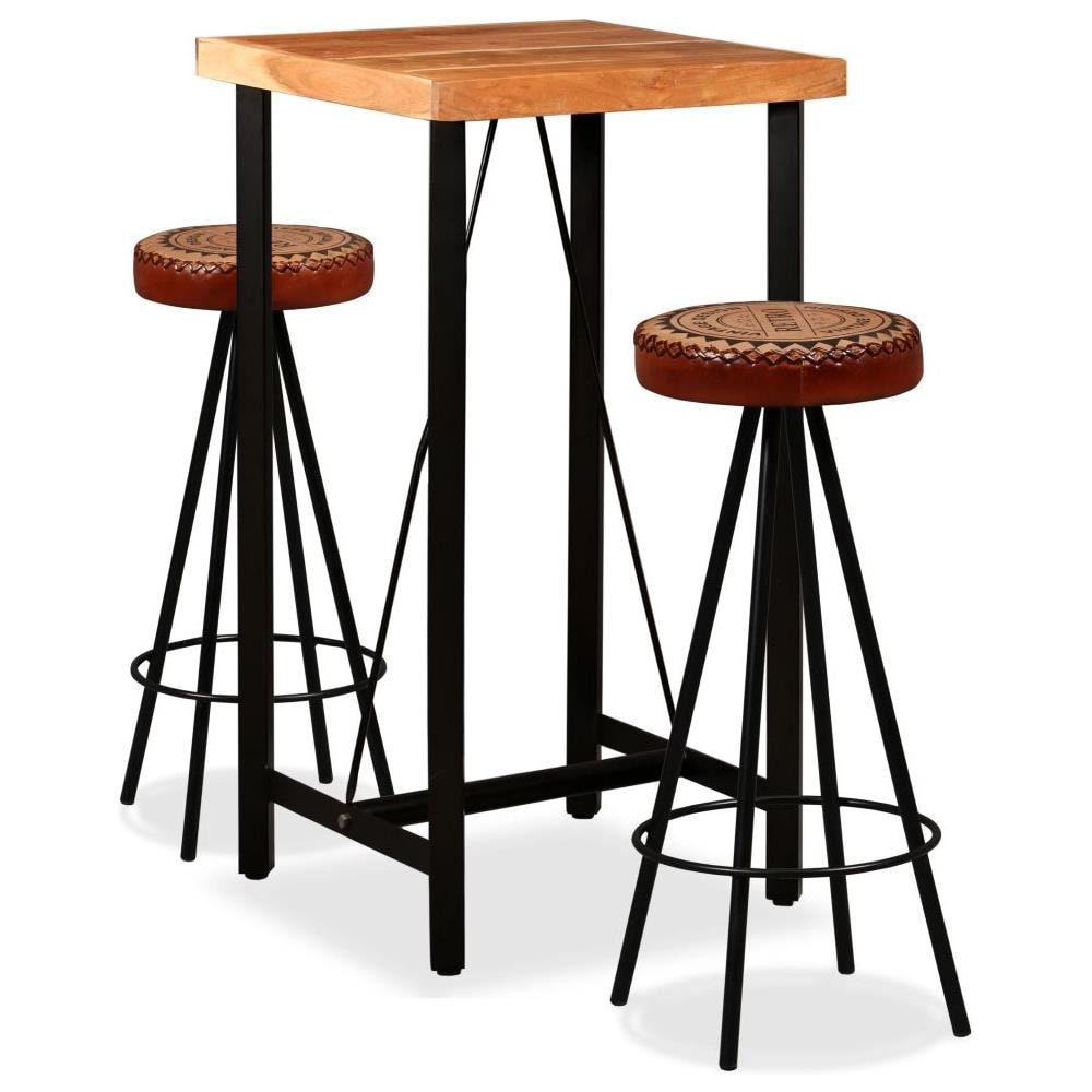 Set da Bar 3 pz in Legno Massello Acacia in Pelle Vera e Tela - Foto 1