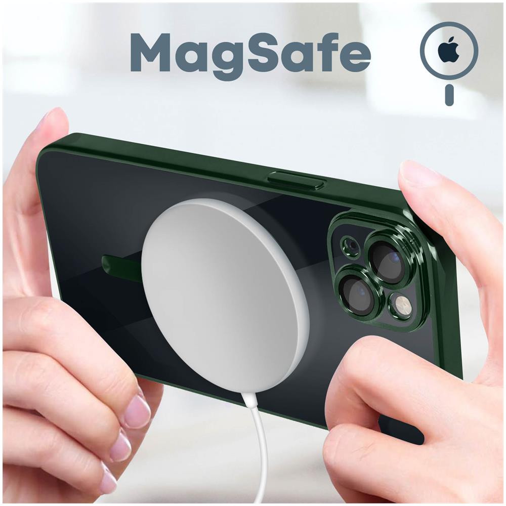 Cover Magsafe Per Iphone 13 Silicone Protezione Fotocamera Bordo Cromato Verde - Foto 5