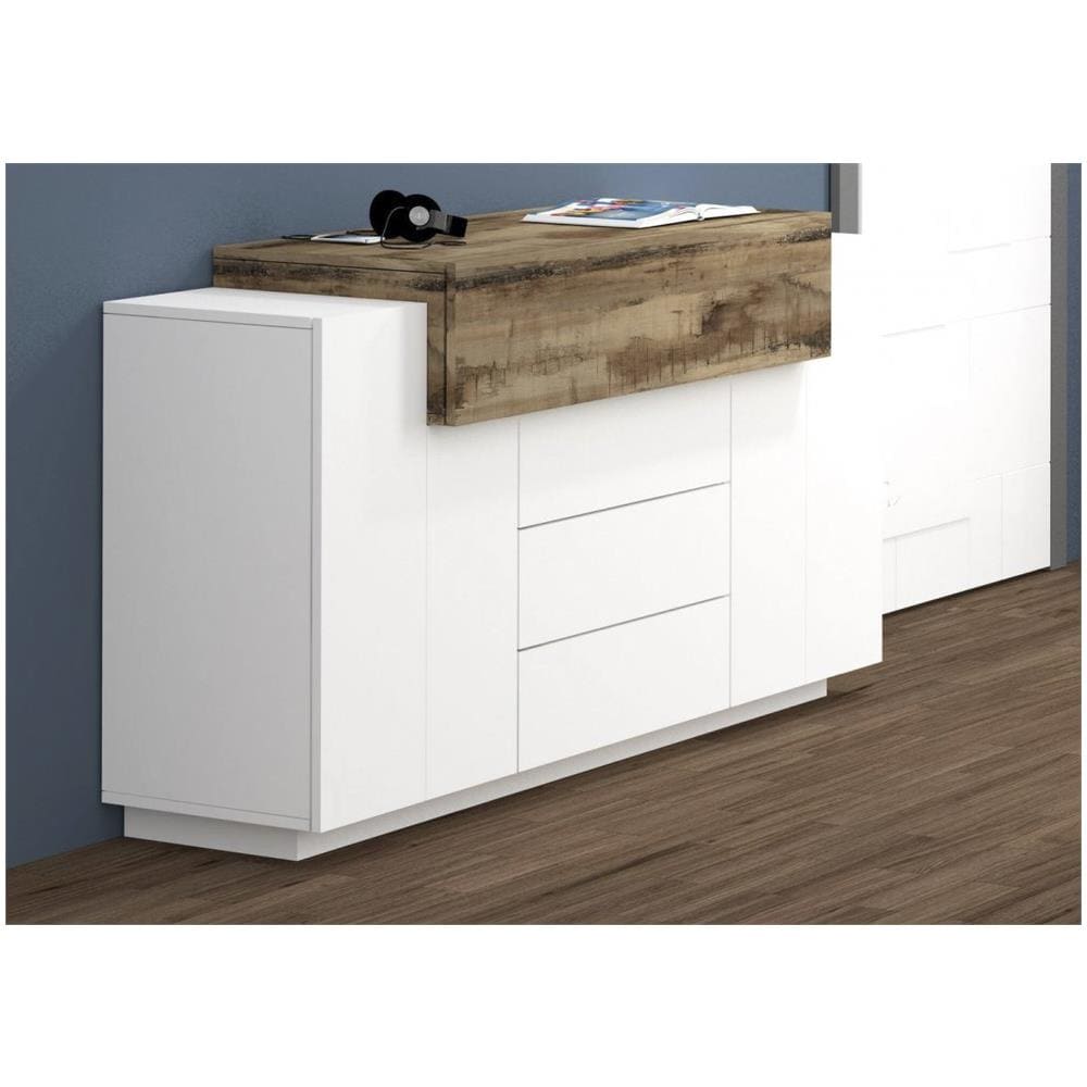 Credenza Milo, Madia Da Cucina A 3 Ante E 3 Cassetti, Buffet Da Soggiorno, 100% Made In Italy, Cm 160x45h86, Bianco Lucido E Acero - Foto 1