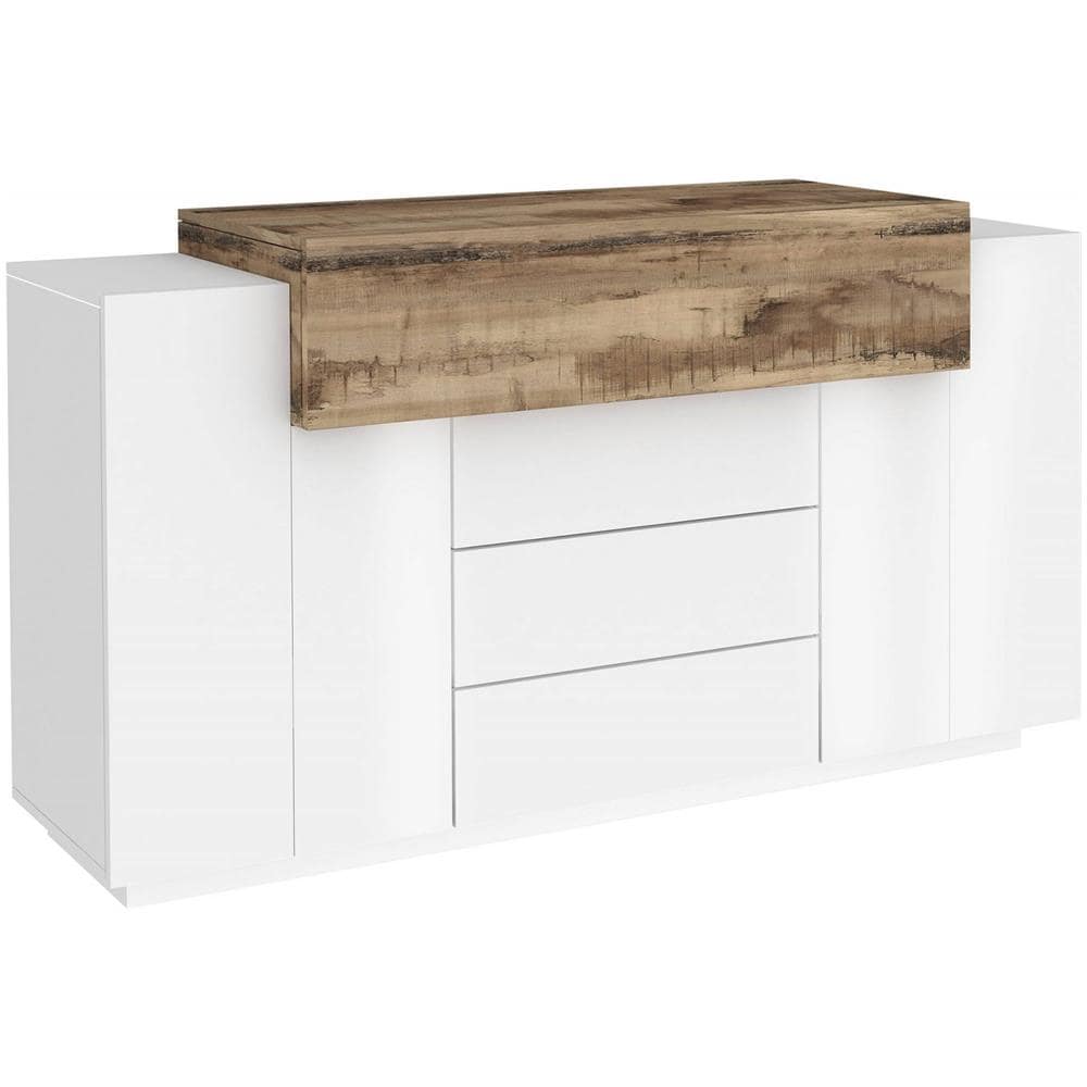 Credenza Milo, Madia Da Cucina A 3 Ante E 3 Cassetti, Buffet Da Soggiorno, 100% Made In Italy, Cm 160x45h86, Bianco Lucido E Acero - Foto 2