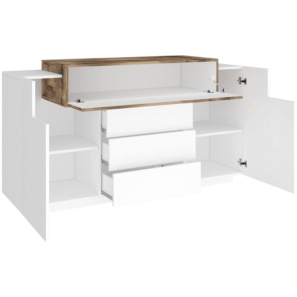 Credenza Milo, Madia Da Cucina A 3 Ante E 3 Cassetti, Buffet Da Soggiorno, 100% Made In Italy, Cm 160x45h86, Bianco Lucido E Acero - Foto 4