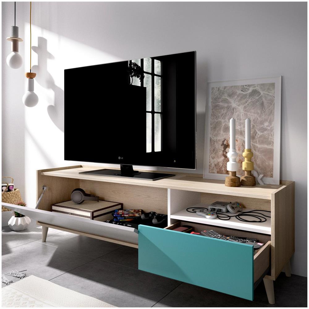 Mobile Porta Tv Tamaro, Credenza Bassa Da Soggiorno, Madia Da Salotto Per Televisione, 155x43h47 Cm, Rovere E Bianco - Foto 4