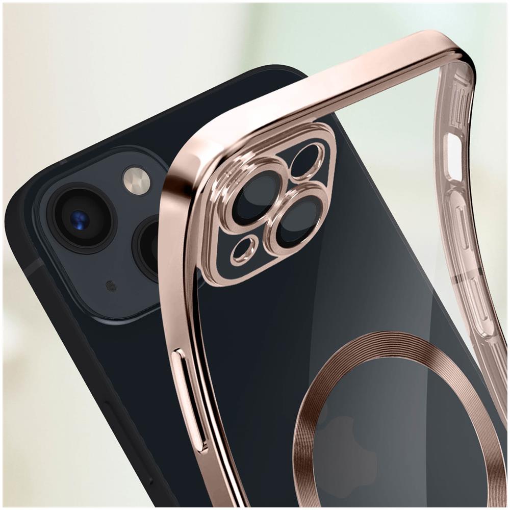 Cover Magsafe Per Iphone 14 Silicone Protezione Camera Bordo Cromato Rose Gold - Foto 5