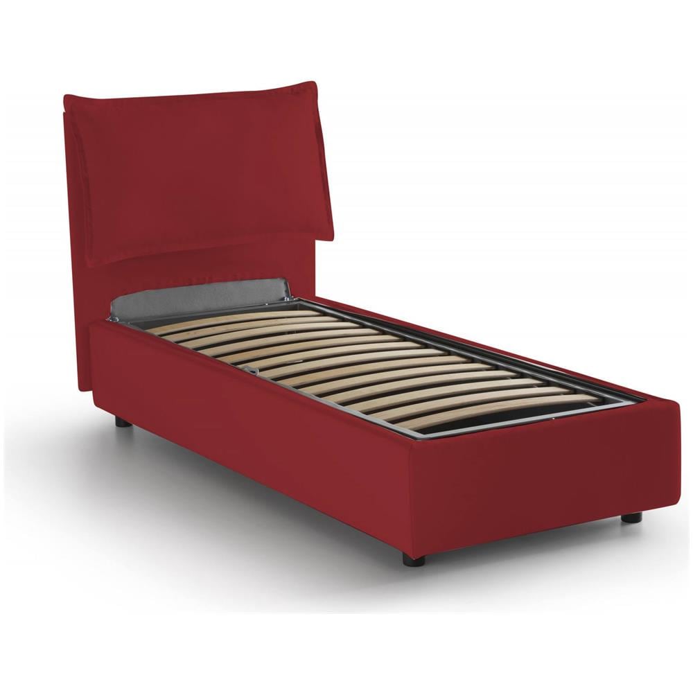 Letto Singolo Penelope, Letto Contenitore Con Rivestimento In Tessuto, 100% Made In Italy, Apertura Frontale, Con Materasso Cm 90x190 Incluso, Rosso - Foto 4