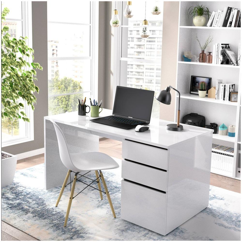 Scrivania Lagoni, Scrittoio Multiuso Da Ufficio O Cameretta, Tavolo Da Studio Lineare Con 2 Cassetti E 1 Anta, 139x60h75 Cm, Bianco - Foto 1