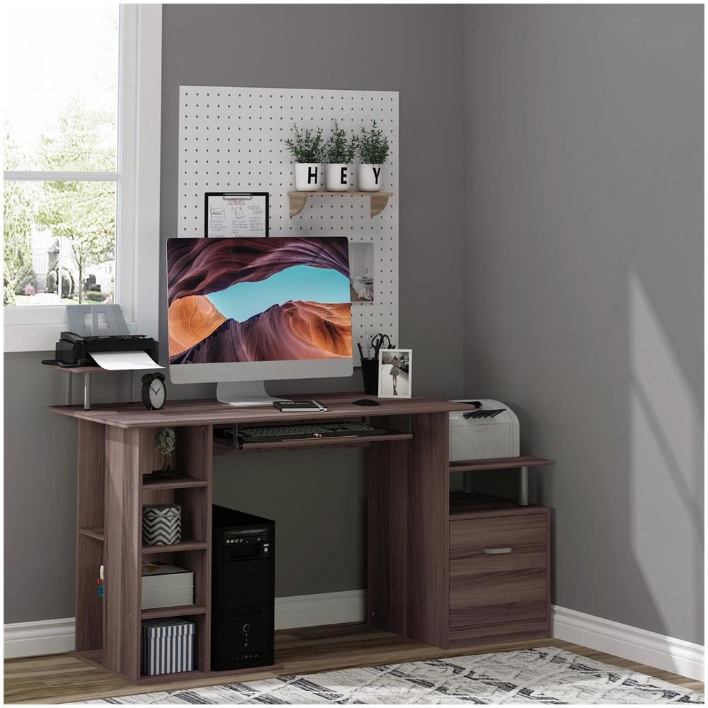 Scrivania per Computer Moderna con Cassetti, Ripiani e Tastiera Estraibile, Scrivania da Ufficio per Casa in Legno Marrone 152x60x88cm - Foto 2