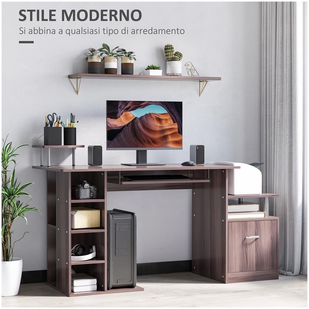 Scrivania per Computer Moderna con Cassetti, Ripiani e Tastiera Estraibile, Scrivania da Ufficio per Casa in Legno Marrone 152x60x88cm - Foto 6
