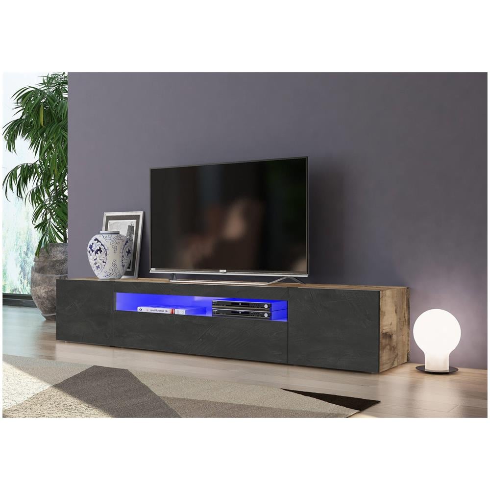 Mobile Porta Tv Jesse, Credenza Bassa Da Soggiorno A 3 Ante, Base Porta Televisione, 100% Made In Italy, Cm 200x40h37, Acero E Ardesia, Con Luce Led - Foto 1