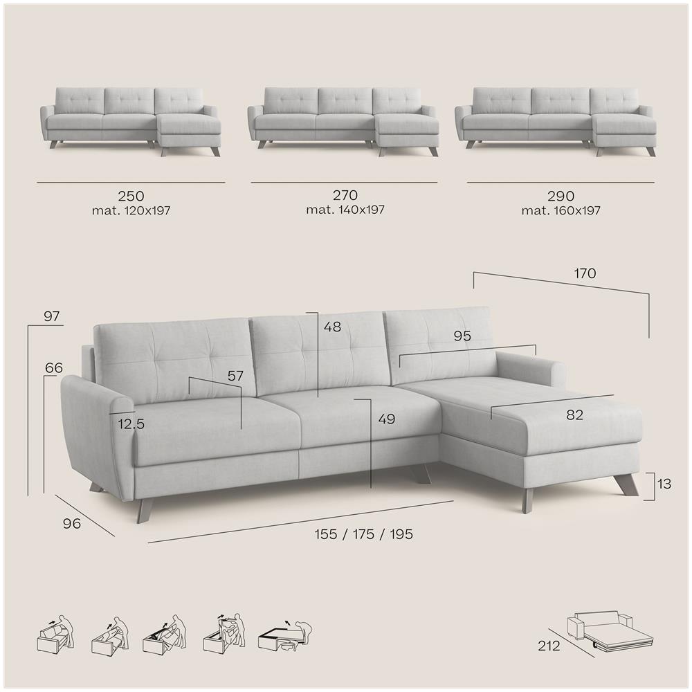 Callisto Divano Letto Angolare Con Penisola In Tessuto Morbido Impermeabile T02 Petrolio 250 Cm Destro (mat. 140x197) - Foto 8