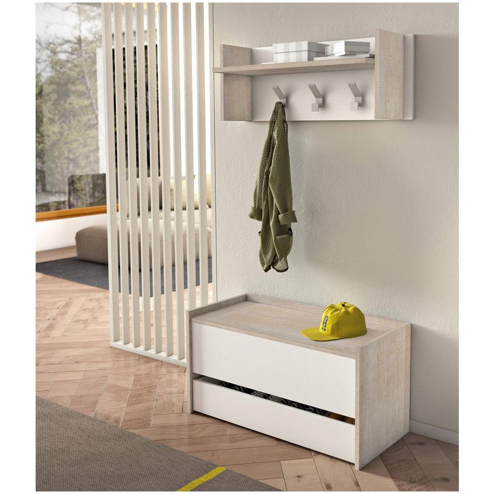 Mobile Da Ingresso Brionia, Entratina Moderna Con Appendiabiti, Mobile Con Scarpiera, Armadietto Multifunzione, Cm 50x32h182, Rovere E Bianco - Foto 1