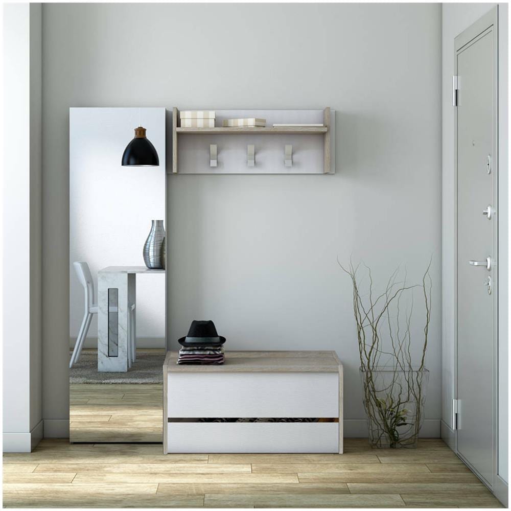 Mobile Da Ingresso Brionia, Entratina Moderna Con Appendiabiti, Mobile Con Scarpiera, Armadietto Multifunzione, Cm 50x32h182, Rovere E Bianco - Foto 4
