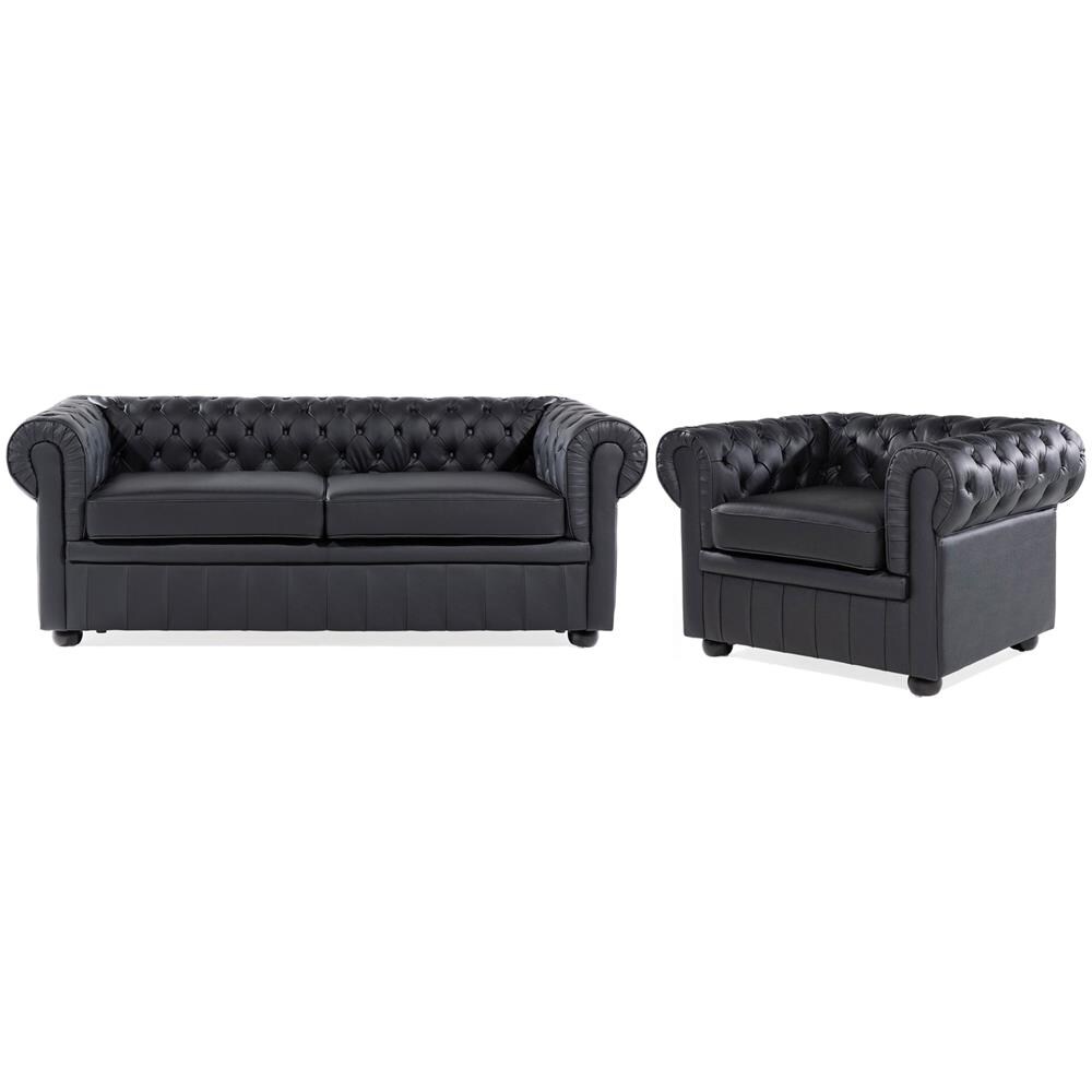 Set Di Divano E Poltrona In Pelle Nero Chesterfield - Foto 1