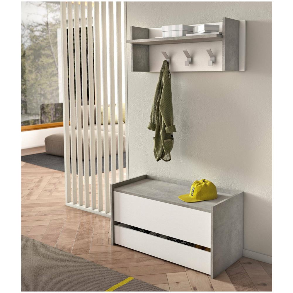 Mobile Da Ingresso Brionia, Entratina Moderna Con Appendiabiti, Mobile Con Scarpiera, Armadietto Multifunzione, Cm 50x32h182, Cemento E Bianco - Foto 1