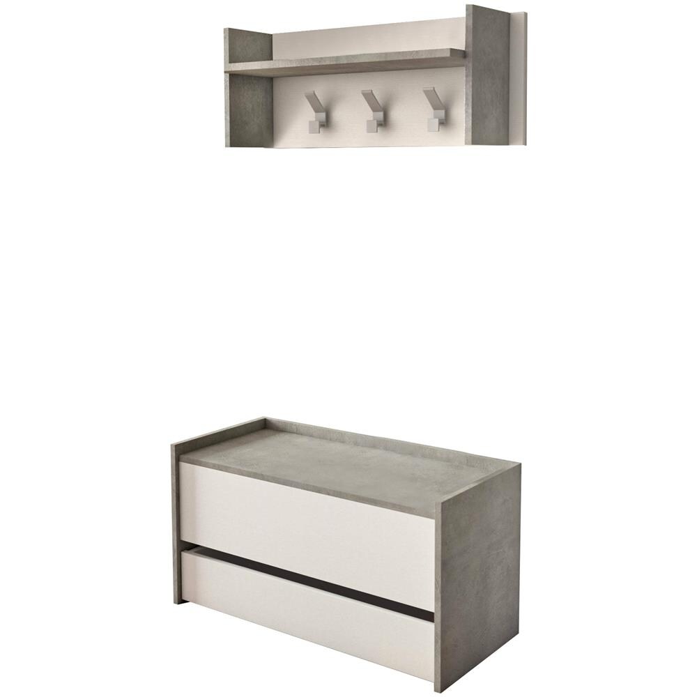 Mobile Da Ingresso Brionia, Entratina Moderna Con Appendiabiti, Mobile Con Scarpiera, Armadietto Multifunzione, Cm 50x32h182, Cemento E Bianco - Foto 2
