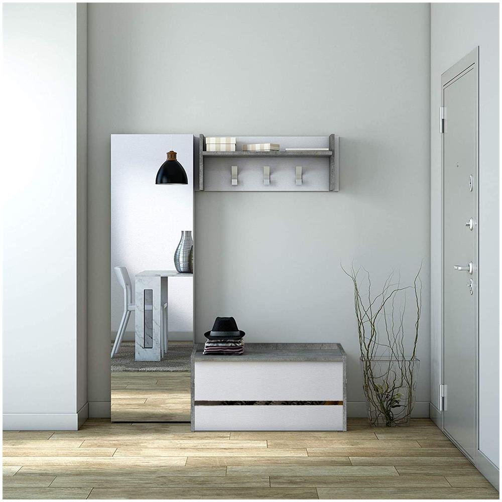 Mobile Da Ingresso Brionia, Entratina Moderna Con Appendiabiti, Mobile Con Scarpiera, Armadietto Multifunzione, Cm 50x32h182, Cemento E Bianco - Foto 4