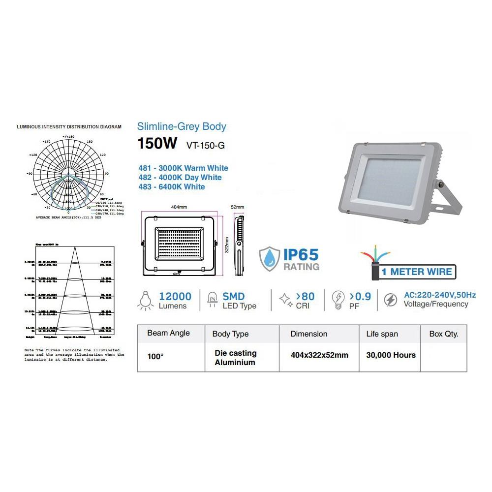 Faretti Led 150w Ip65 Samsung Slimline Grigio Luce Naturale 4000k V Tac Vt-150 482 - Foto 2