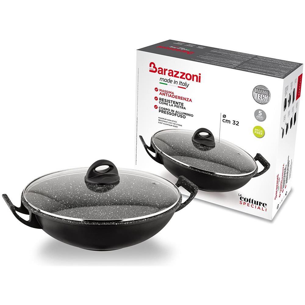 Le Cotture Speciali Wok Con Coperchio In Vetro Temperato, Diametro Cm 32, Alluminio Pressofuso Con Rivestimento Marmotech A 5 Strati. Made In Italy. - Foto 2
