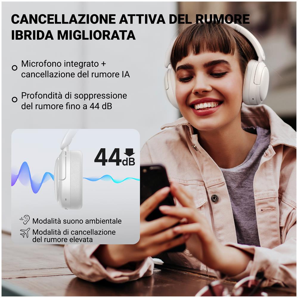 V80 Cuffie ibride con cancellazione attiva del rumore, Bluetooth over ear auricolari, 45h Autonomia, Audio Hi-Res - Avorio - Foto 1