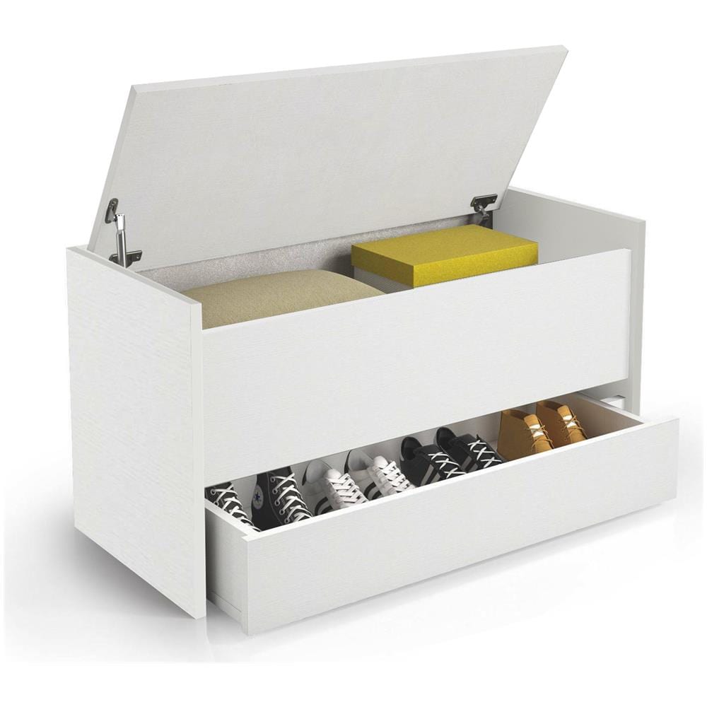 Cassapanca Lantana, Mobile Da Ingresso Moderno Con Scarpiera, Cassapanca Baule Con Due Contenitori, 100% Made In Italy, 90x40h46 Cm, Bianco - Foto 4