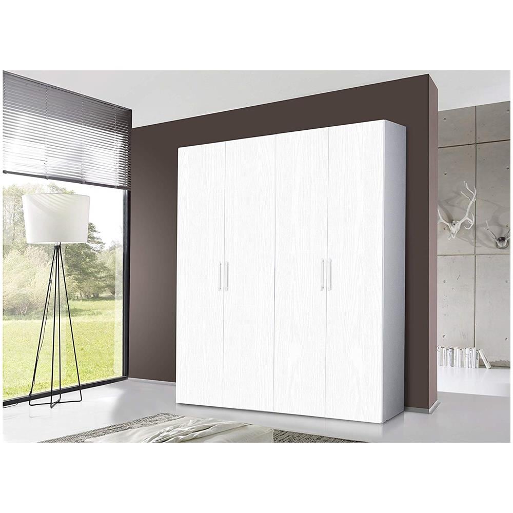 Armadio 4 Ante Battenti, colore Bianco Frassinato, Cm 180 X 247 X 58, Con Tubo Appendiabiti - Foto 4